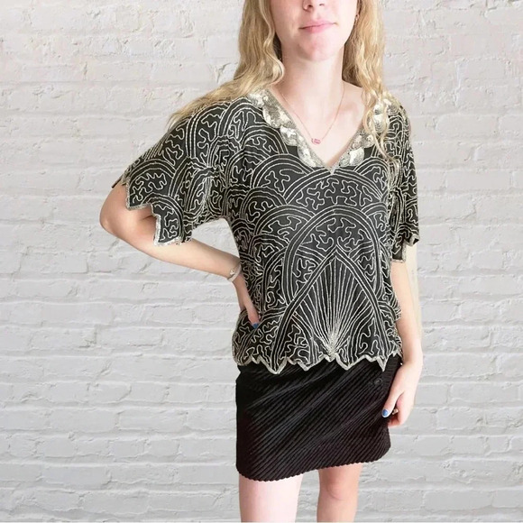 * Vintage black and silver beaded Art Deco blouse - Picture 3 of 11